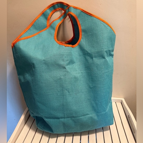 Mud Pie Jute Tote Beach Bag Teal With Orange Trim -  coral Design NWOT - Picture 2 of 5